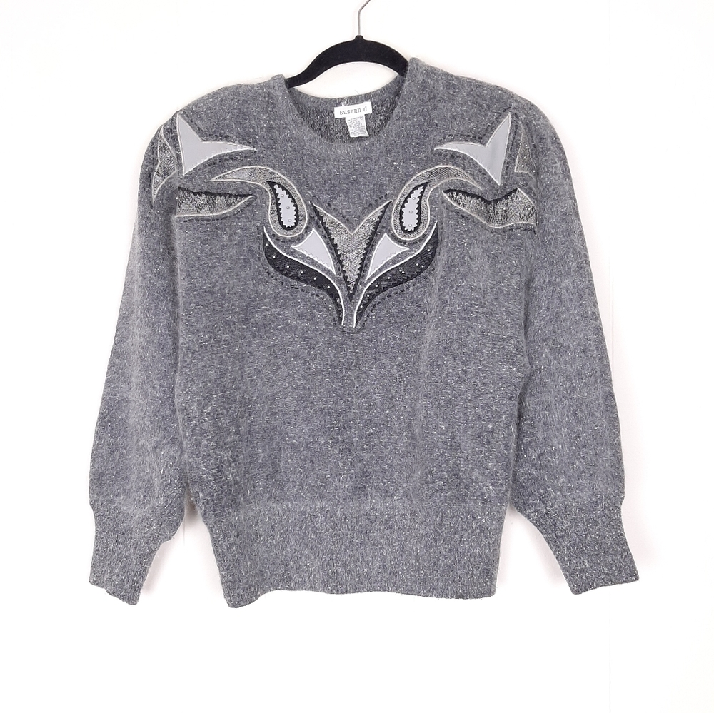 Susann D vintage silk angora lambswool knit sweater soft cozy retro gray fall